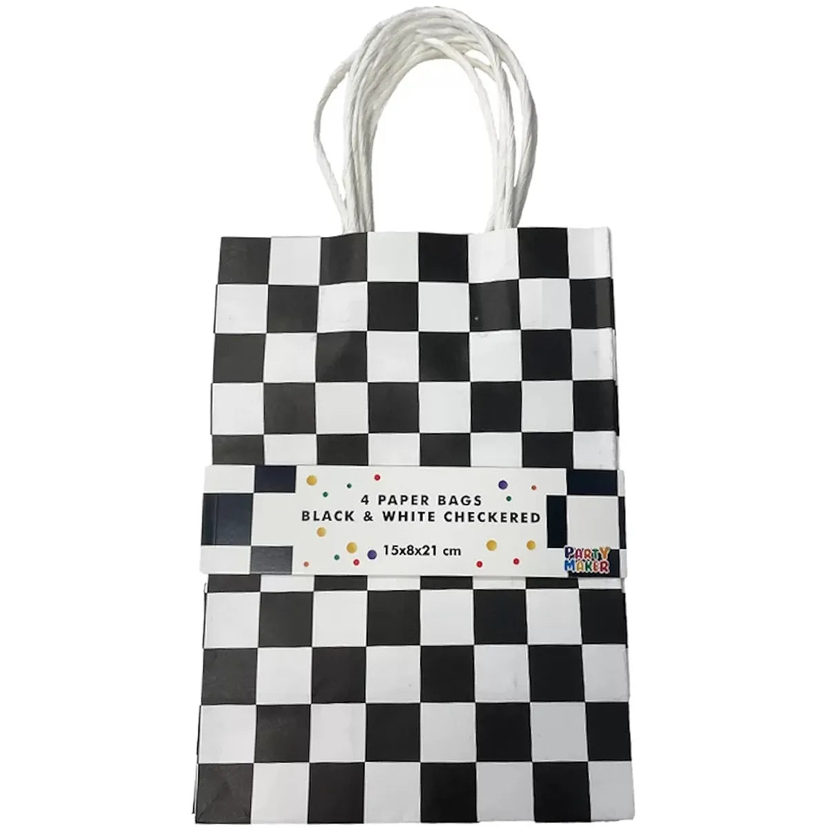BLACK AND WHITE CHECKERED PAPER GIFT BAGS (PACK OF 4)