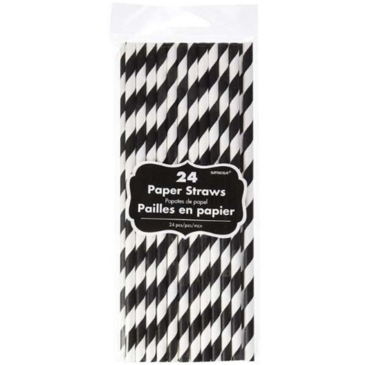 BLACK AND WHITE STRIPED PAPER STRAWS (PACK OF 24)