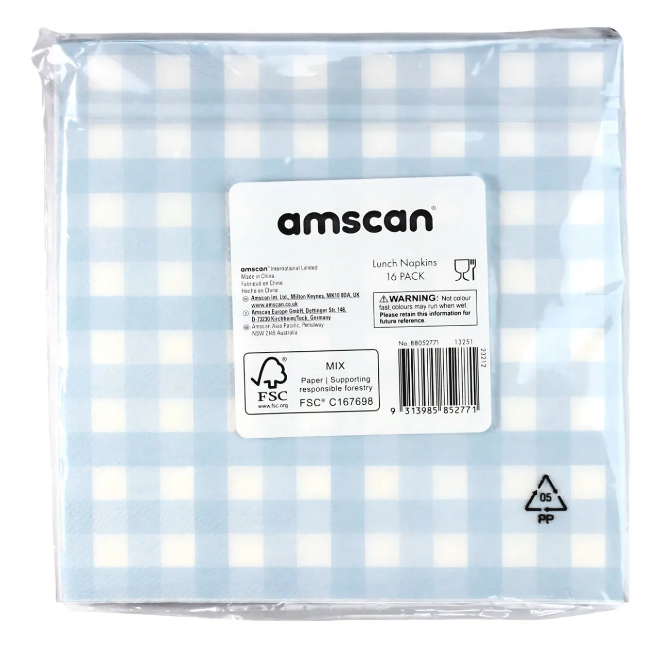 PASTEL BLUE GINGHAM LARGE NAPKINS / SERVIETTES (PACK OF 16)