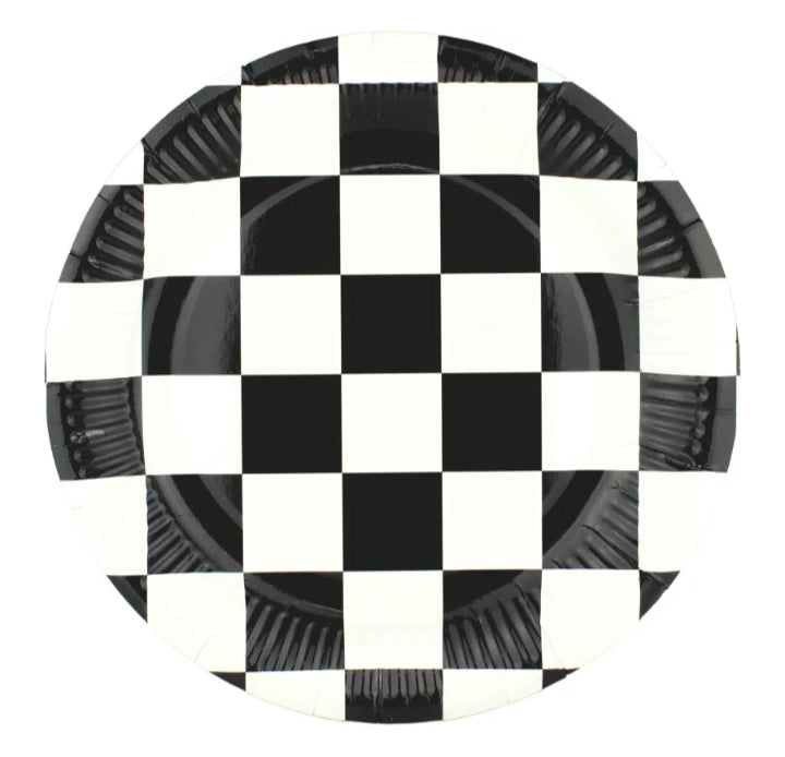 BLACK & WHITE CHECKERED LARGE PAPER PLATES (PACK OF 8)