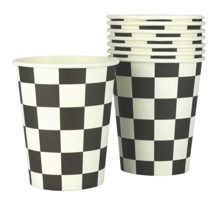 BLACK AND WHITE CHECKERED PAPER CUPS (PACK OF 8)