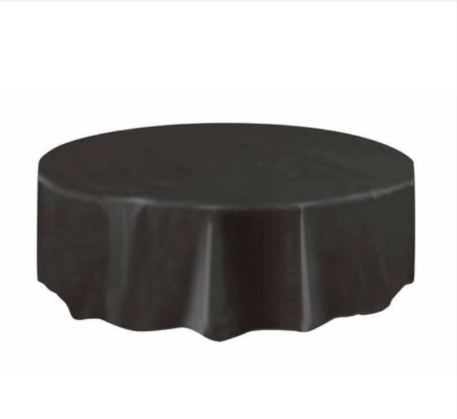 REUSABLE BLACK ROUND PLASTIC TABLE COVER