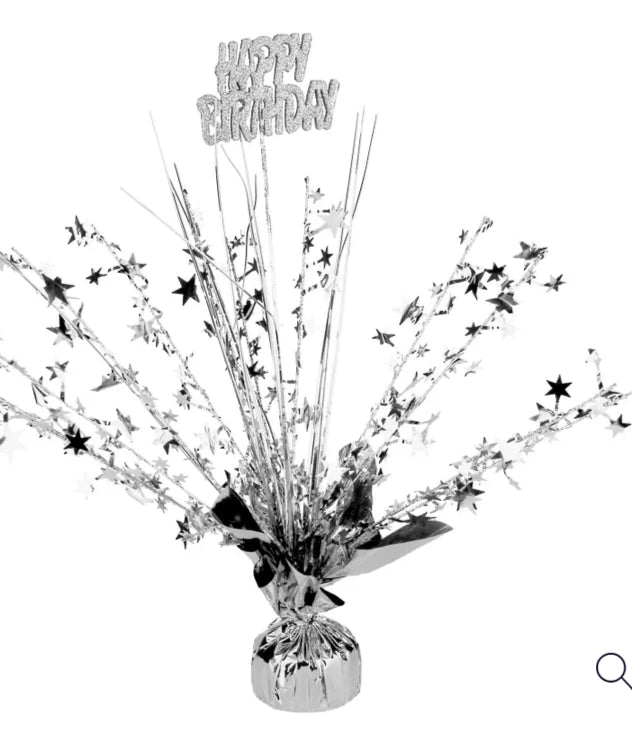 HAPPY BIRTHDAY SILVER STAR FOIL SPRAY CENTREPIECE
