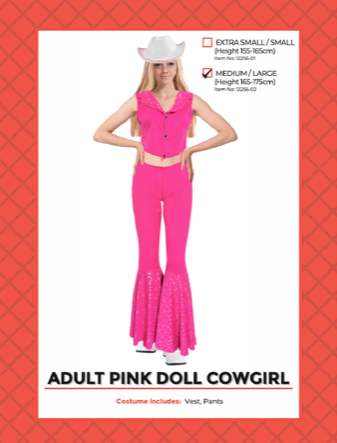 ADULT PINK DOLL COWGIRL COSTUME (SIZE XSMALL/SMALL)