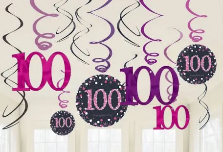 PINK CELEBRATION 100TH BIRTHDAY SWIRL DECORATIONS (PACK OF 12)