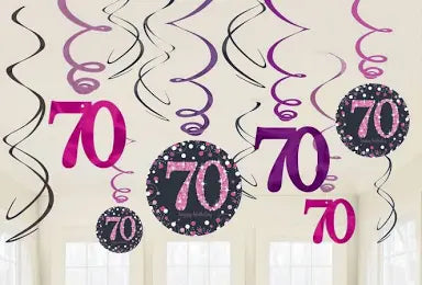 PINK SPARKLING CELEBRATION 70TH BIRTHDAY SWIRL DECORATIONS (PACK OF 12)
