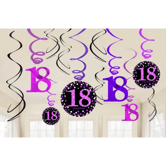 PINK CELEBRATION 18TH BIRTHDAY SWIRL DECORATIONS (PACK OF 12)