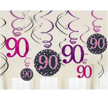 PINK 90TH BIRTHDAY SWIRL DECORATIONS (PACK OF 12)