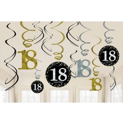 SPARKLING CELEBRATION 18TH BIRTHDAY SWIRL DECORATIONS (PACK OF 12)