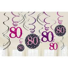 PINK SPARKLING CELEBRATIONS 80TH BIRTHDAY SWIRL DECORATIONS (PACK OF 12)