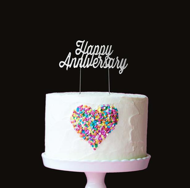 HAPPY ANNIVERSARY SILVER METAL CAKE TOPPER