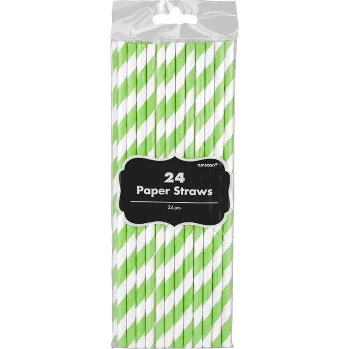 KIWI GREEN AND WHITE STRIPED PAPER STRAWS (PACK OF 24)