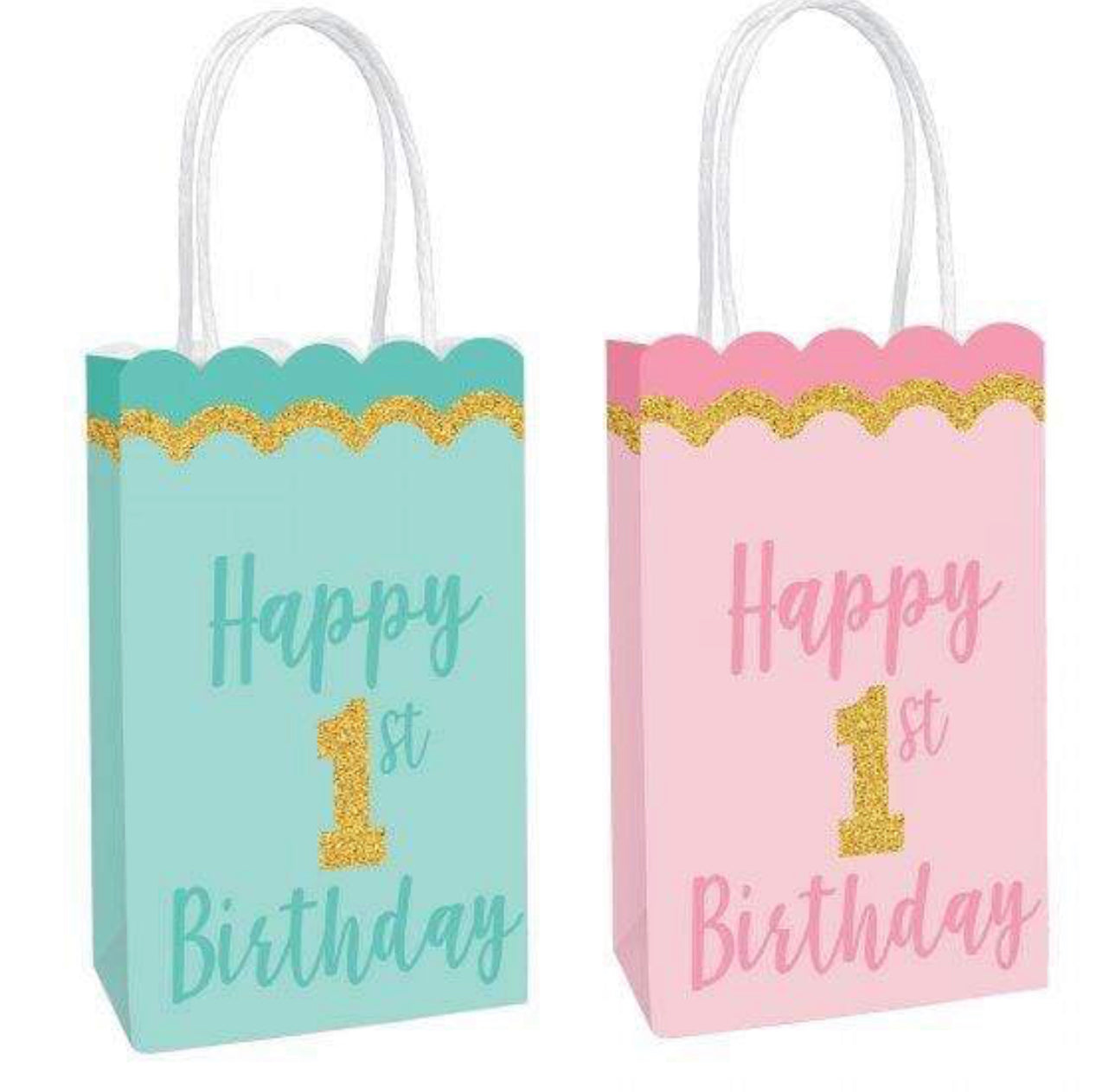 1ST BIRTHDAY GLITTERED KRAFT BAGS PK8