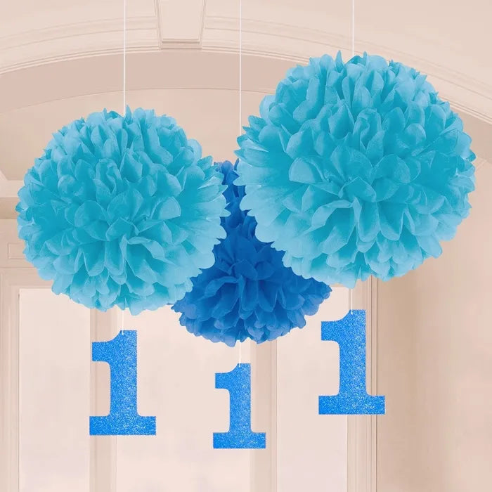 BOYS 1ST BIRTHDAY FLUFFY DECORATIONS (PACK OF 3)