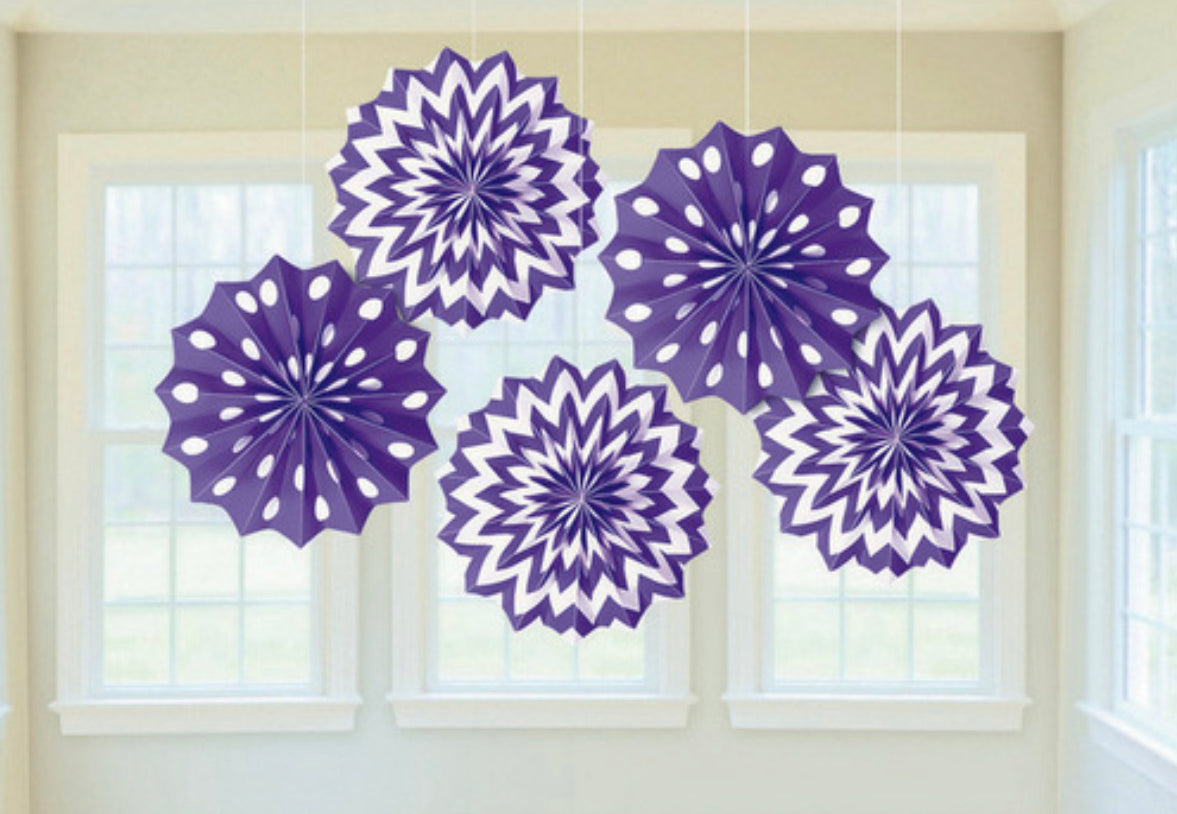 MINI FAN DECORATIONS 5 PACK - PURPLE