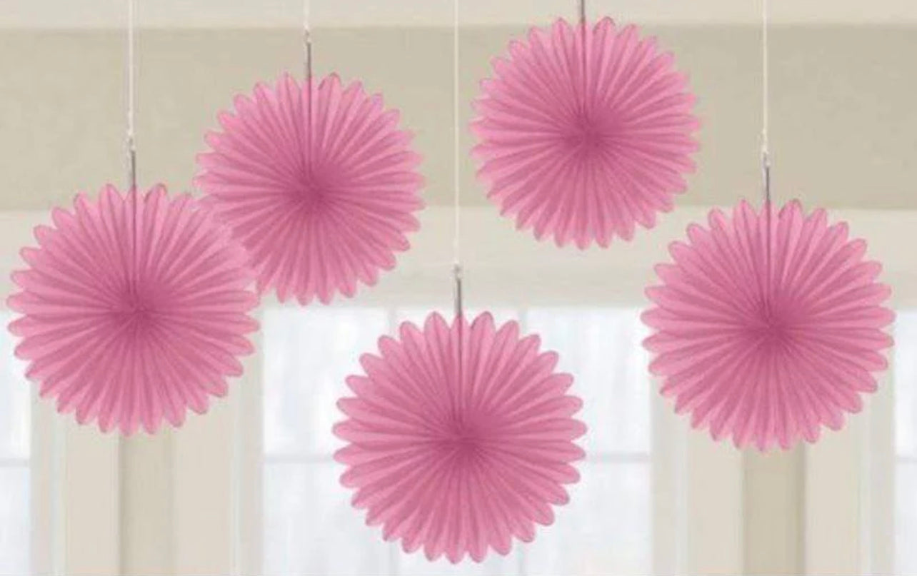 PRINTED PAPER FAN DECORATIONS 5 PACK - PINK