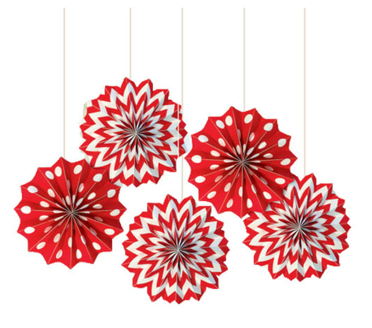 PRINTED PAPER FAN DECORATIONS 5 PACK - RED