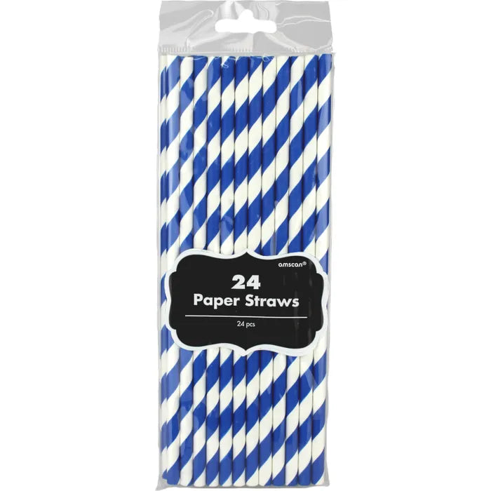ROYAL BLUE AND WHITE STRIPED PAPER STRAWS (PACK OF 24)