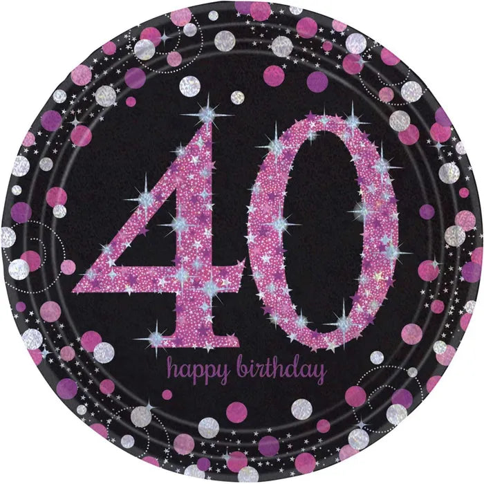 PINK CELEBRATION 40TH BIRTHDAY LARGE PAPER PLATES (PACK OF 8)