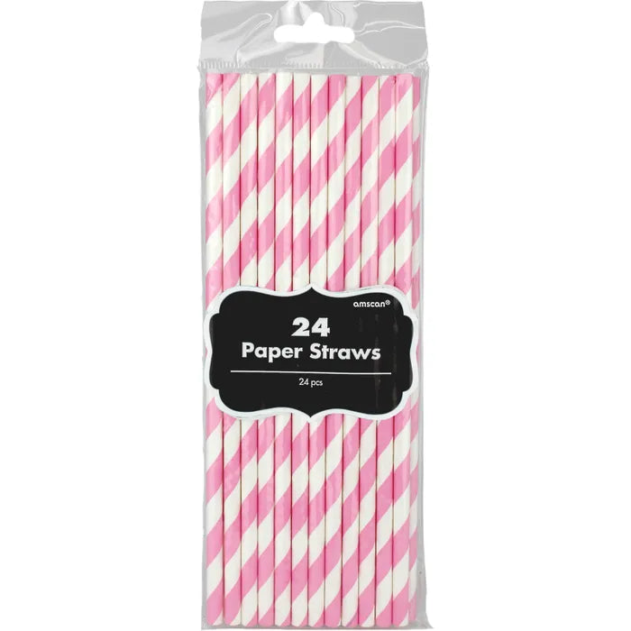 NEW PINK AND WHITE STRIPE PAPER STRAWS (PACK OF 24)