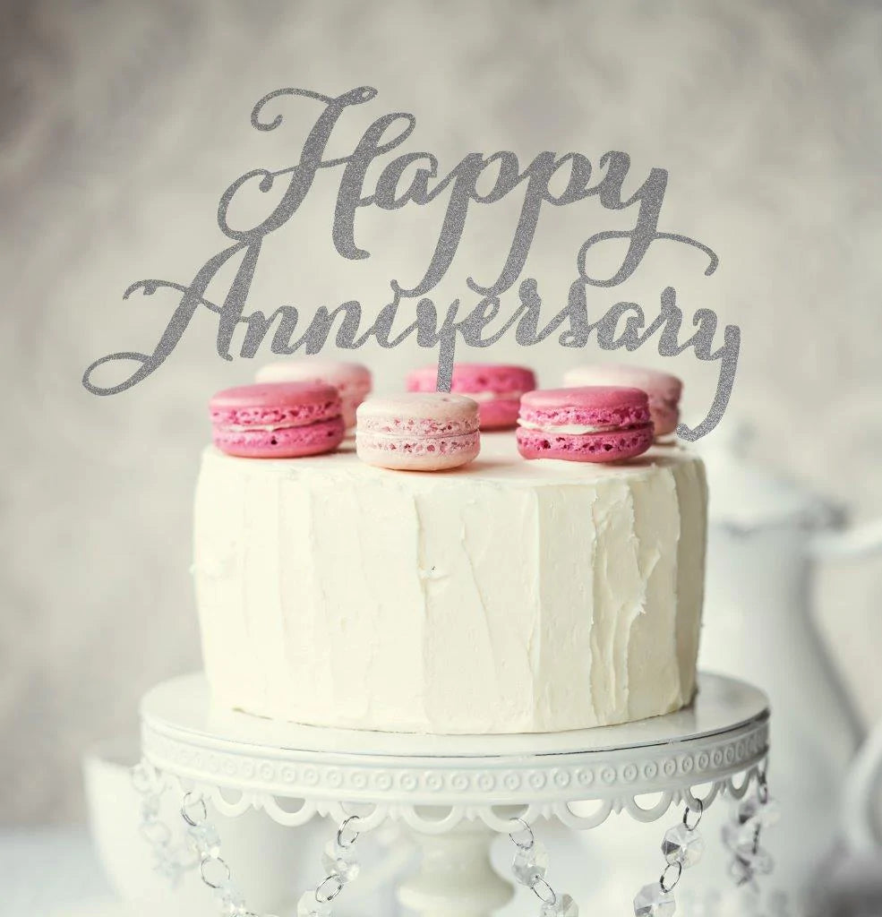 GLITTER SILVER HAPPY ANNIVERSARY CAKE TOPPER