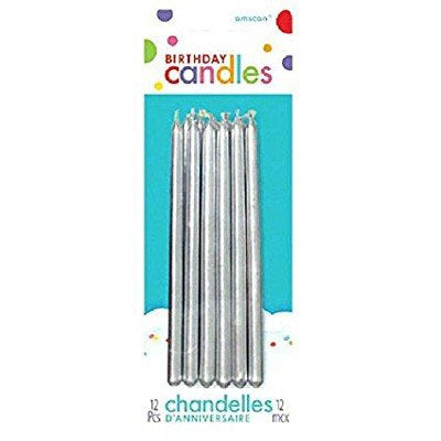 SILVER TAPERED BIRTHDAY CANDLES 13CM (PACK OF 12)