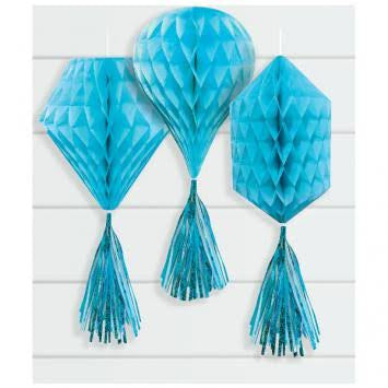Mini Honeycomb Hanging Decorations Caribbean Blue 3 Pack