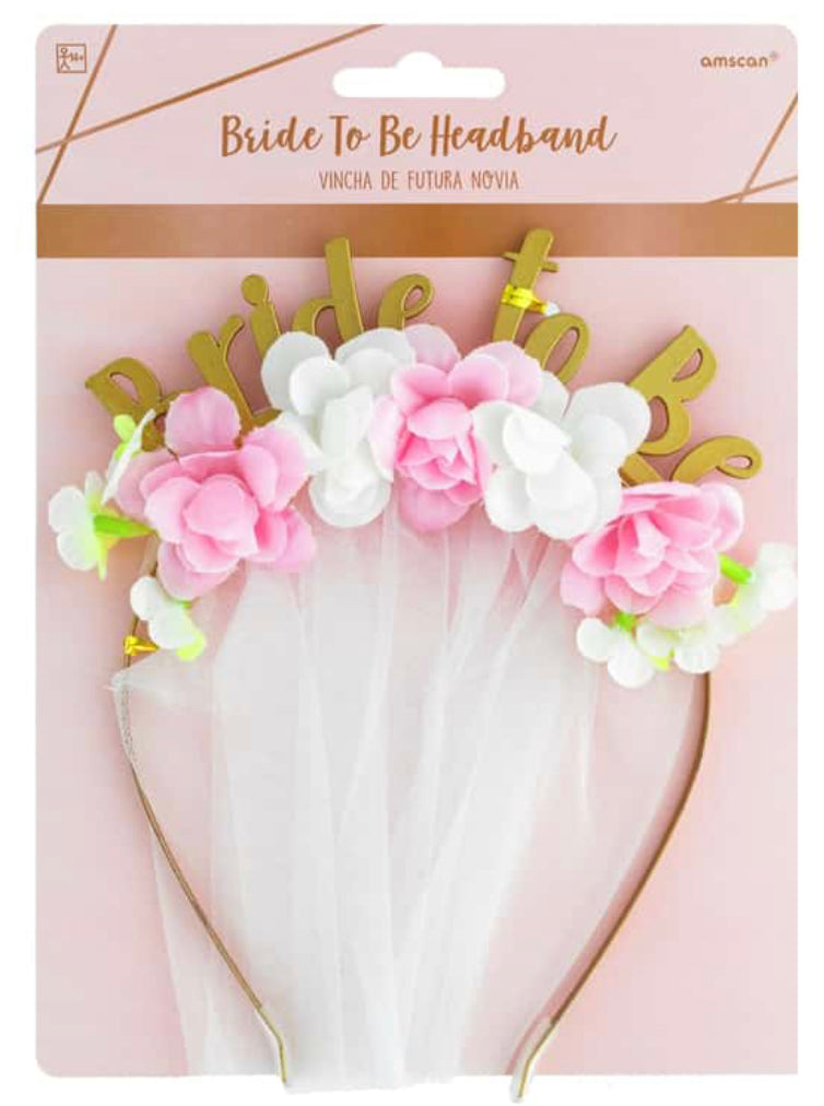 BRIDE TO BE GOLD METAL HEADBAND & VEIL WITH FLOWERS