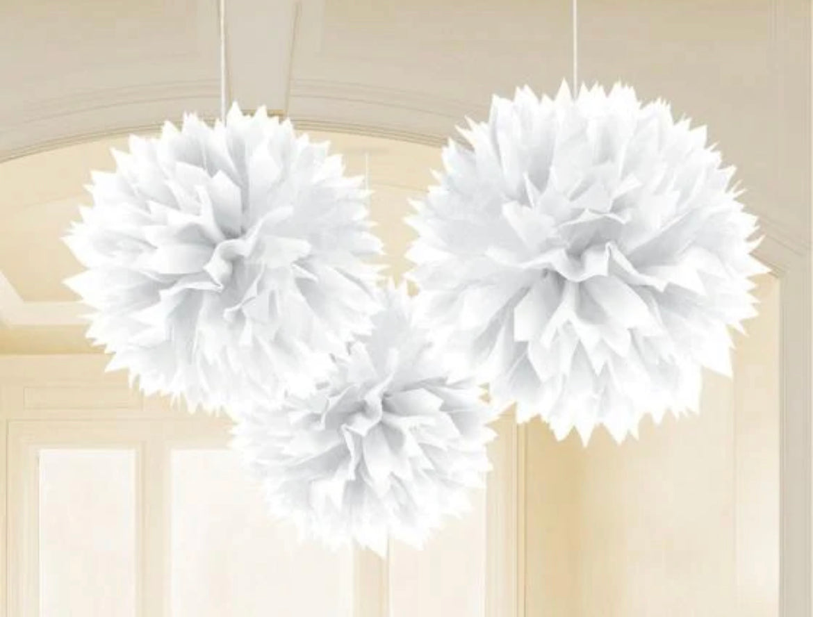 WHITE TISSUE PAPER POM POM BALLS (PACK OF 3)