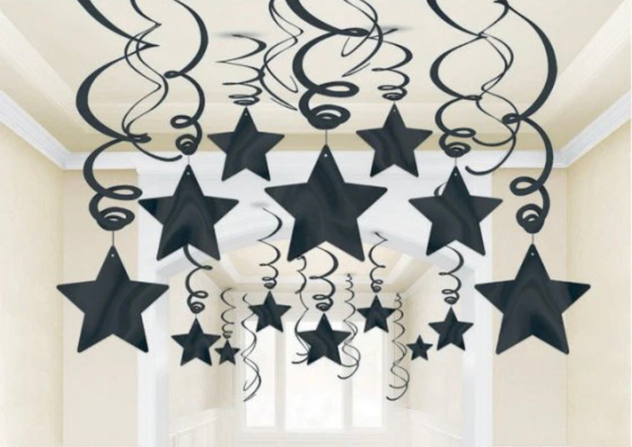 STAR SWIRL DECORATIONS 30PK - BLACK