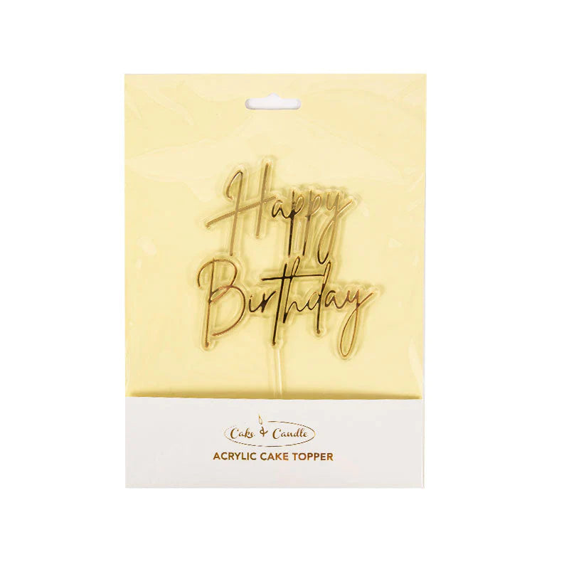 HAPPY BIRTHDAY GOLD & CLEAR ACRYLIC CAKE TOPPER