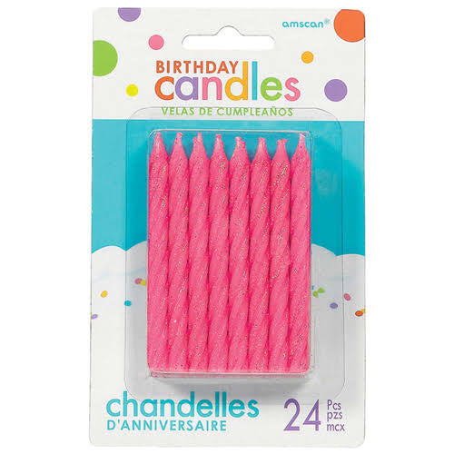 PINK GLITTER SPIRAL CANDLES PK24