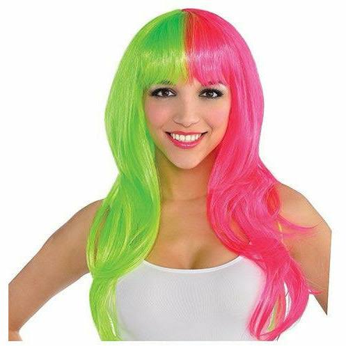 Glamorous Long Black Light Neon Pink & Green Wig