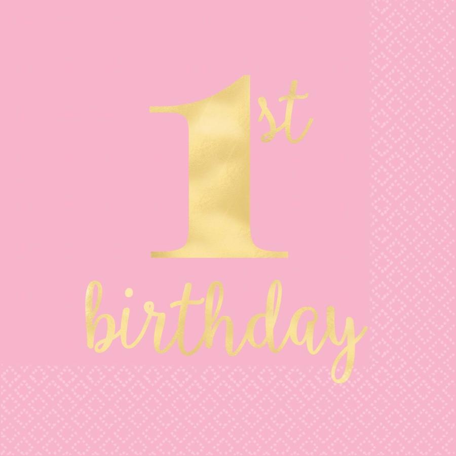 1st Birthday Luncheon Napkins - Pink with Gold foil writing