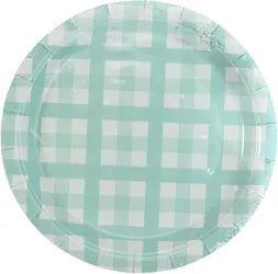 PASTEL MINT GREEN GINGHAM LARGE PAPER PLATES (PACK OF 8)