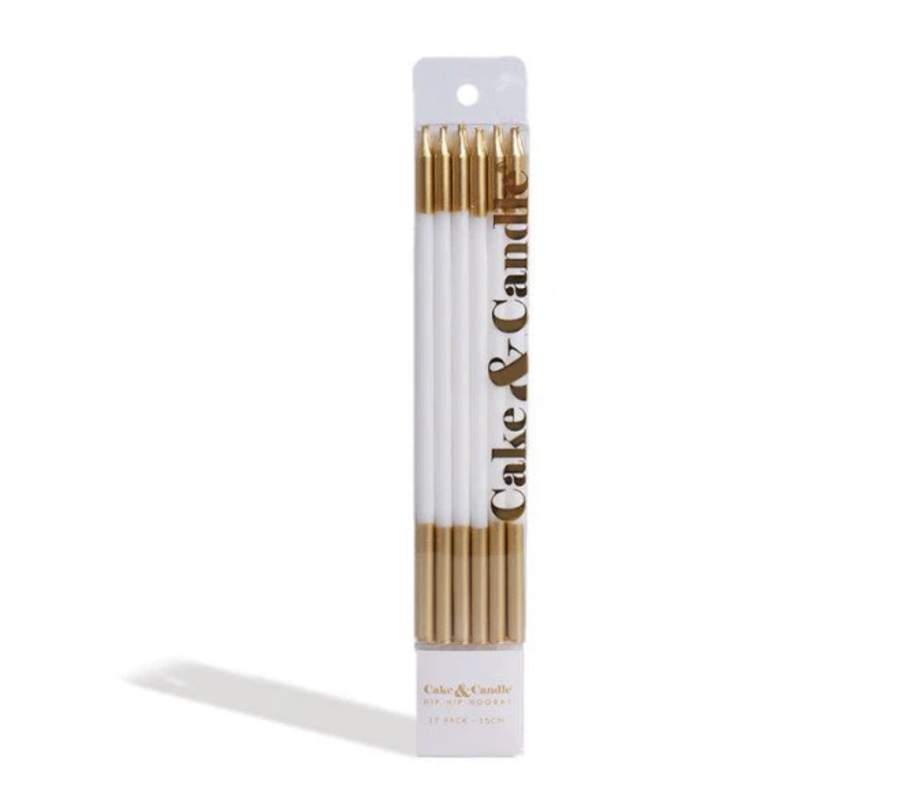 12PK WHITE & GOLD DOUBLE DIPPED CAKE CANDLES BY CAKE & CANDLE 15CM