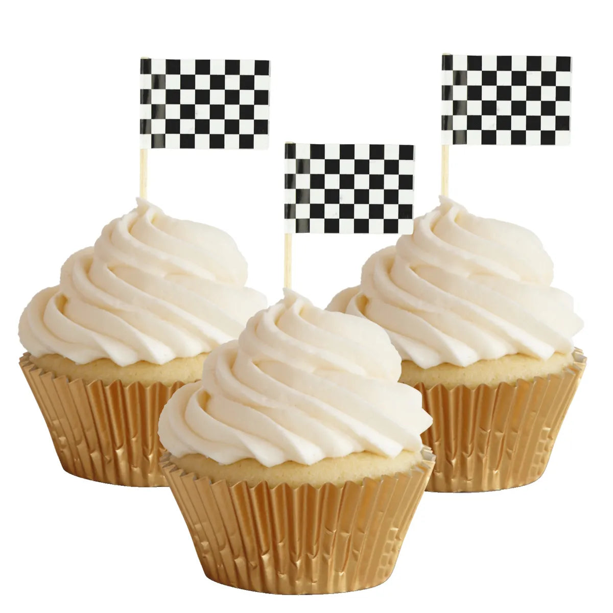 BLACK AND WHITE CHECKERED FLAG CUPCAKE PICKS (PACK OF 24)