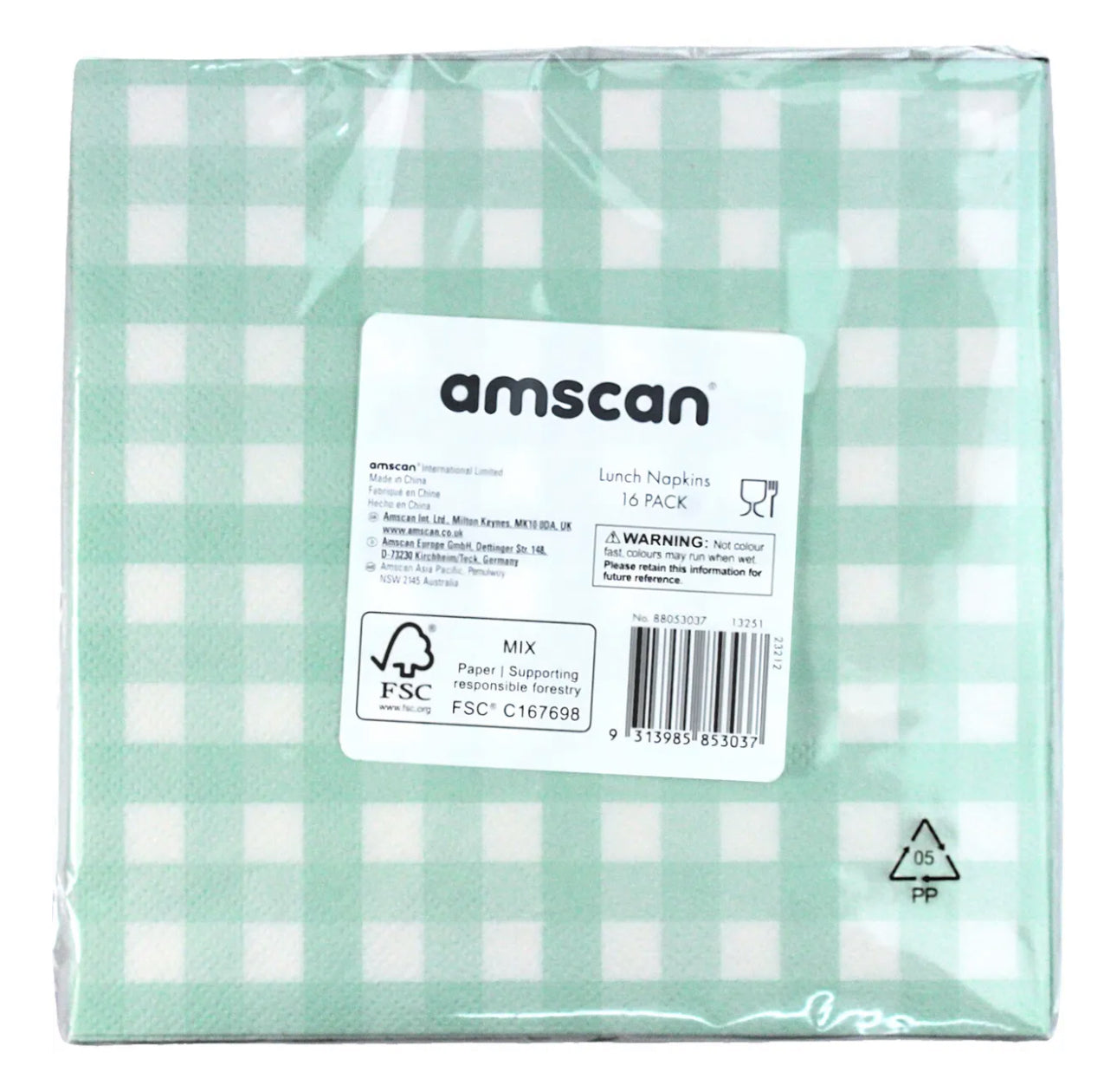 PASTEL MINT GREEN GINGHAM LARGE NAPKINS / SERVIETTES (PACK OF 16)