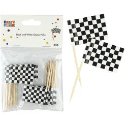 BLACK AND WHITE CHECKERED FLAG CUPCAKE PICKS (PACK OF 24)