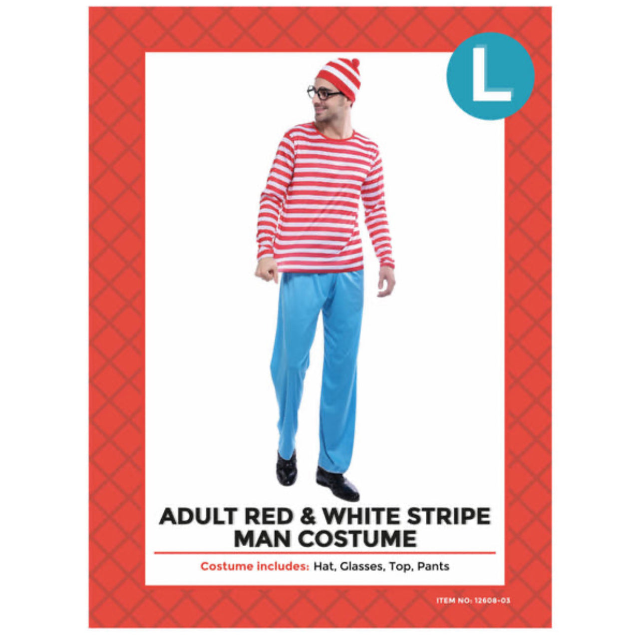 ADULT RED & WHITE STRIPE MAN COSTUME (SIZE MEDIUM)