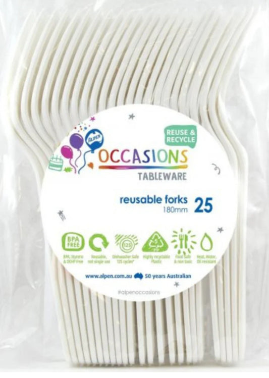 WHITE REUSABLE FORKS (PACK OF 25)