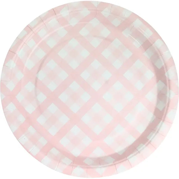 PASTEL PINK GINGHAM LARGE PAPER PLATES (PACK OF 8)