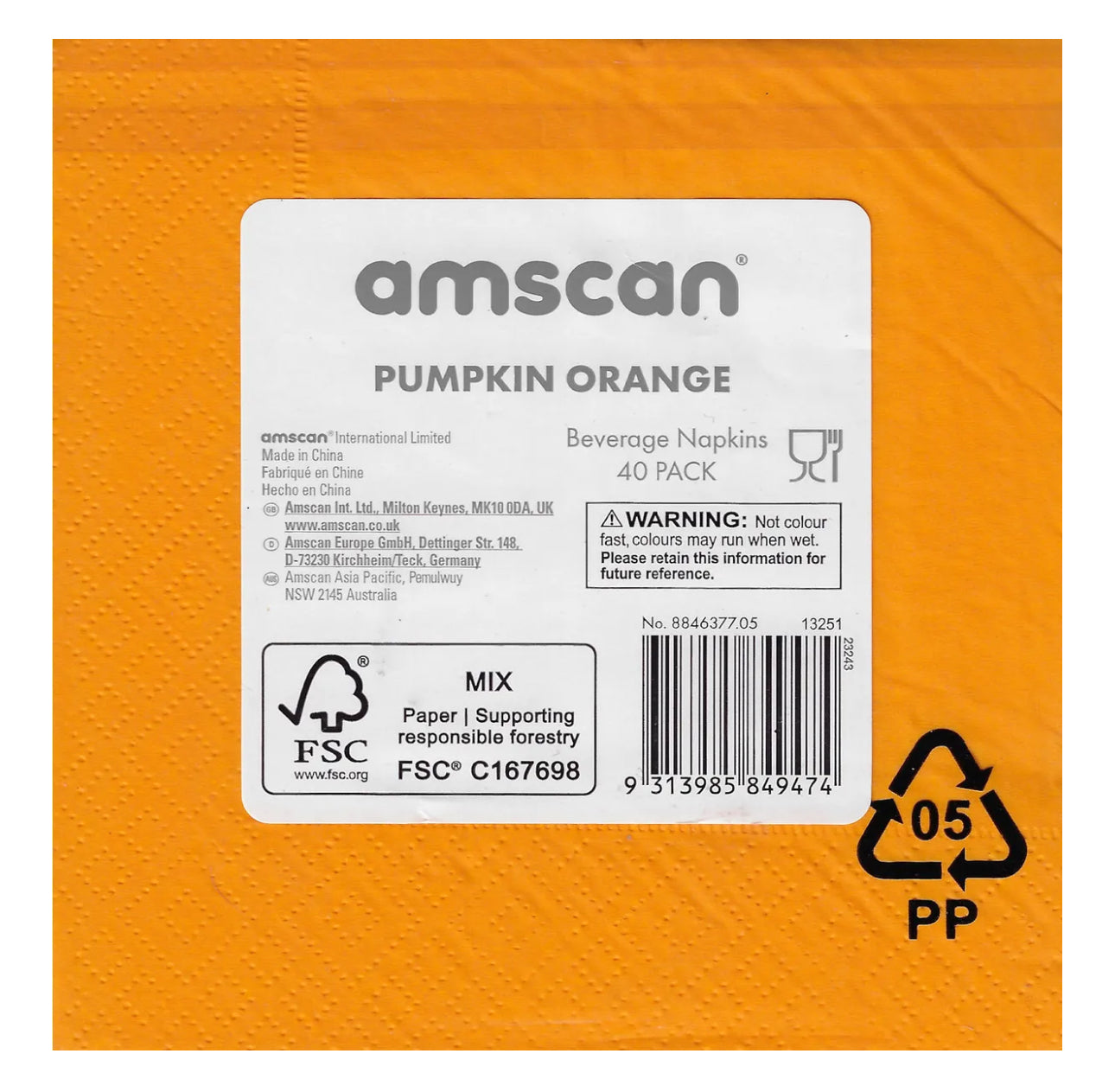 PUMPKIN ORANGE BEVERAGE NAPKINS / SERVIETTES (PACK OF 40)