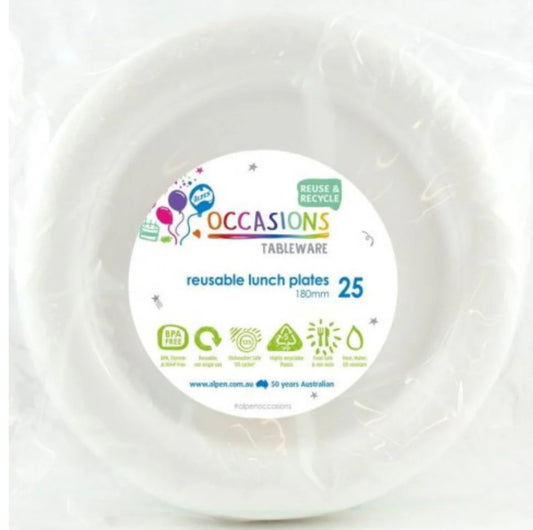 WHITE REUSABLE LUNCH PLATES (PACK OF 25)