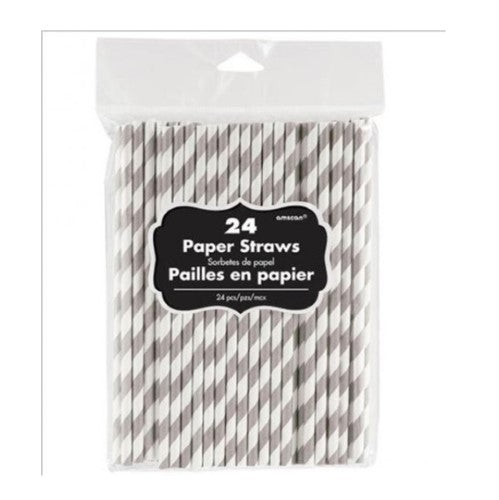 SILVER AND WHITE STRIPED STRAWS (PACK OF 24)