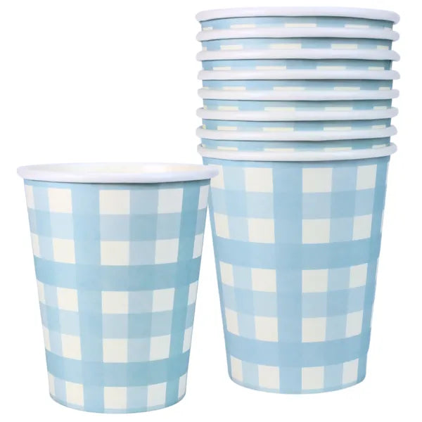 PASTEL BLUE GINGHAM PAPER CUPS (PACK OF 8)