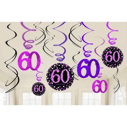 PINK CELEBRATION 60TH BIRTHDAY SWIRL DECORATIONS (PACK OF 12)