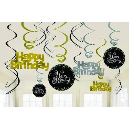 HAPPY BIRTHDAY GOLD & SILVER SWIRL DECORATIONS