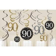 90TH BIRTHDAY SWIRL DECORATIONS (PACK OF 12)