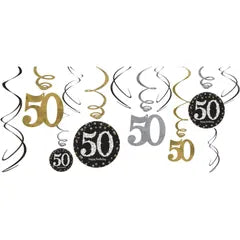 SPARKLING CELEBRATION 50TH BIRTHDAY SWIRL DECORATIONS (PACK OF 12)